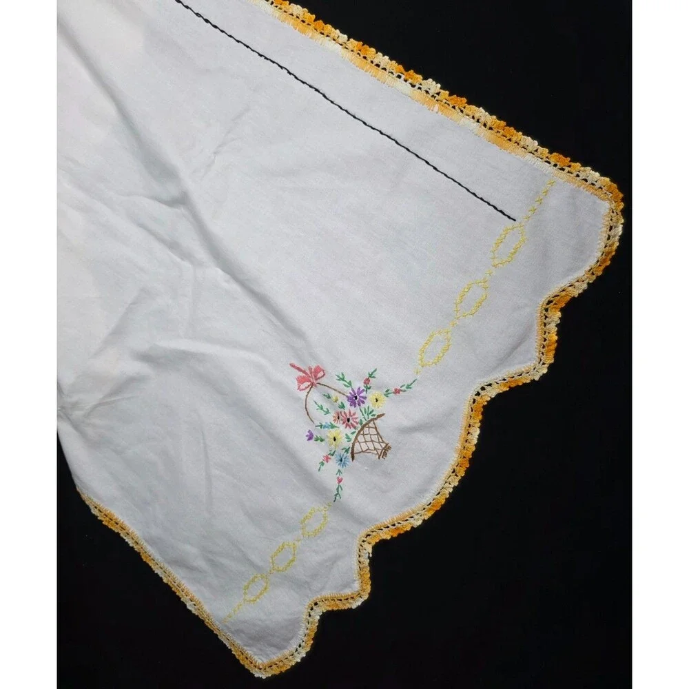 Vintage Embroidered Table Runner – Yellow Floral with Crochet Trim – 19.5